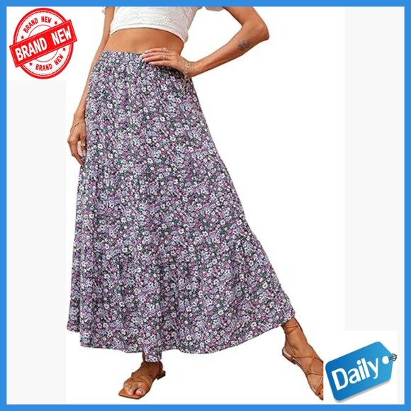 Dresses & Skirts - High Waist Boho Floral Maxi Skirt Lightweight Viscose Elastic Beach Casual
